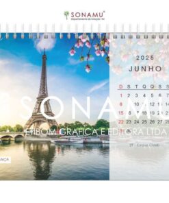 Calendário de mesa 2025, tema destinos. Imagem torre eiffel, Paris - França