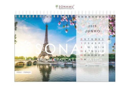 Calendário de mesa 2025, tema destinos. Imagem torre eiffel, Paris - França