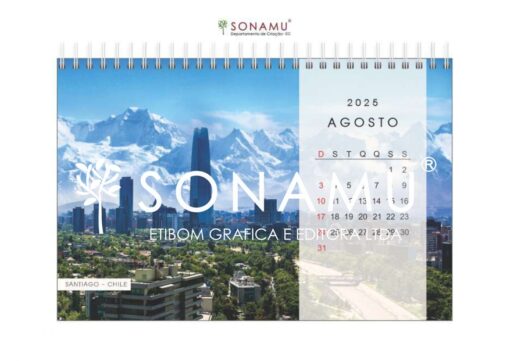 Calendário de mesa 2025, tema destinos. Imagem Santiago - Chile