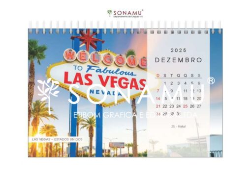 Calendário de mesa 2025, tema destinos. Imagem Las Vegas - Estados Unidos